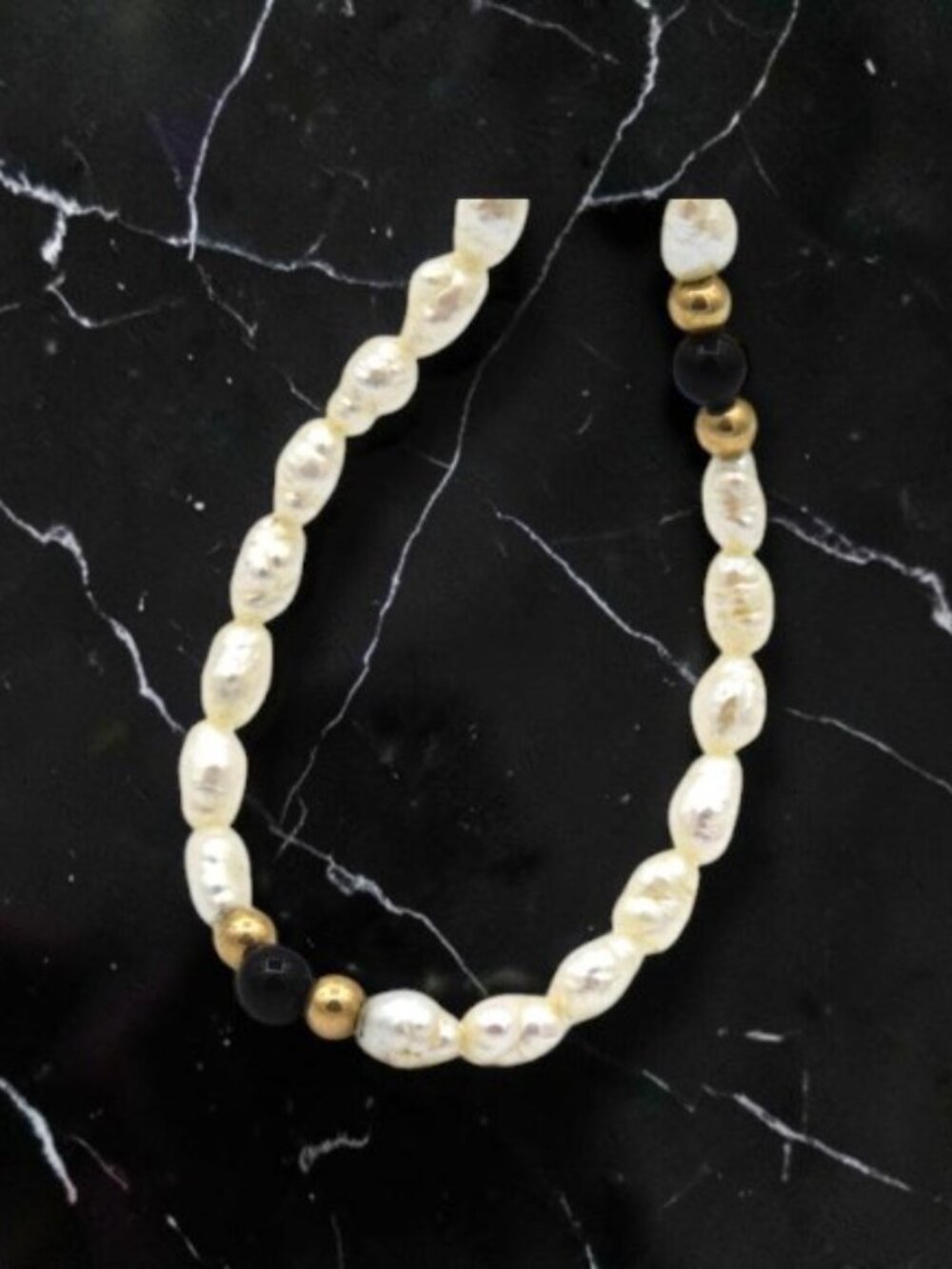 ✨ 14K Gold Pearl & Onyx Choker Vintage Necklace – 16” ✨